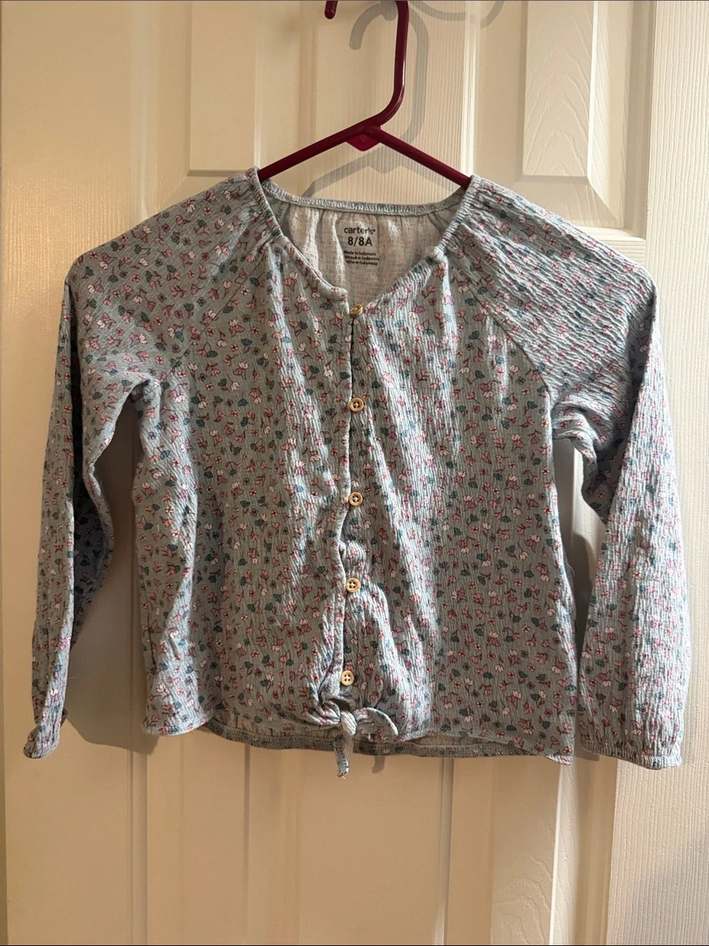 Carter's Light Blue Floral Button-Front Tie-Hem Top